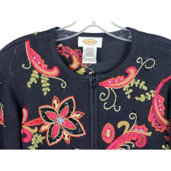 Vintage Talbots Embroidered Beaded Wool Blend Cardigan S – Black Floral Zip - Picture 5 of 10